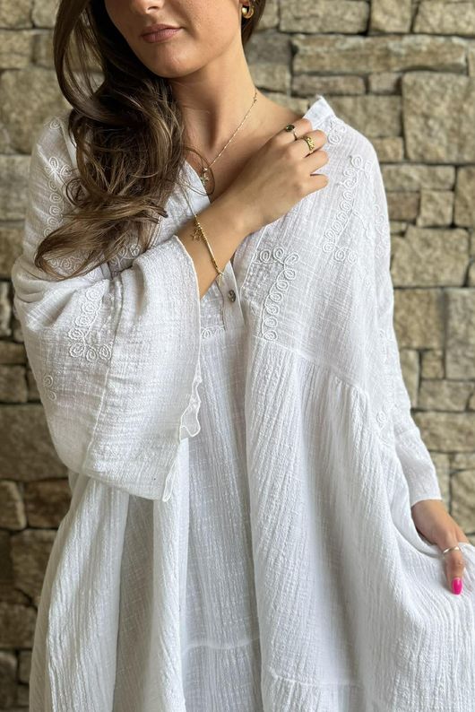 Loom & Thread Embroidered Tiered Smock Dress White